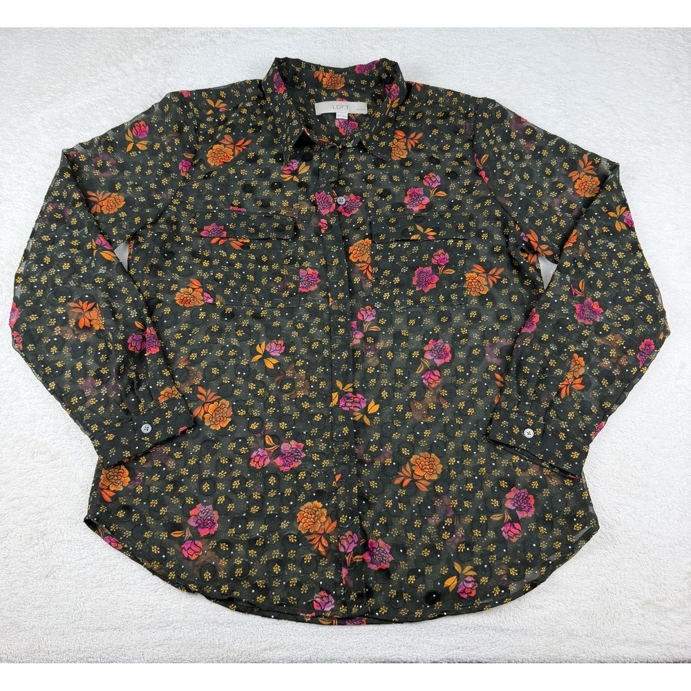 Loft Sheer Floral Button Up Shirt Black‎ Womens M Petite Boho Colorful LS